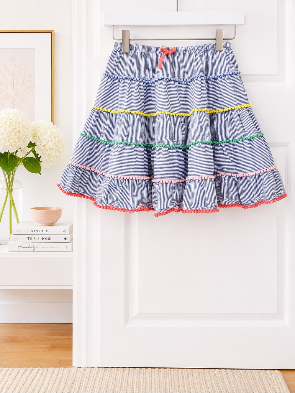 Mini Boden- Girls Striped Blue Tiered Ruffle Skirt with Neon Trim- Sz 4-5
